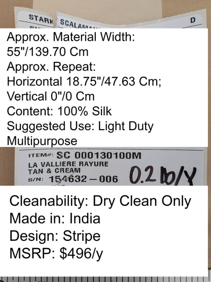 Scalamandre La Valliere Rayure Tan & Cream Brown Beige Reversible Silk Wide Stripe Historical French  MDRP USD 496/y