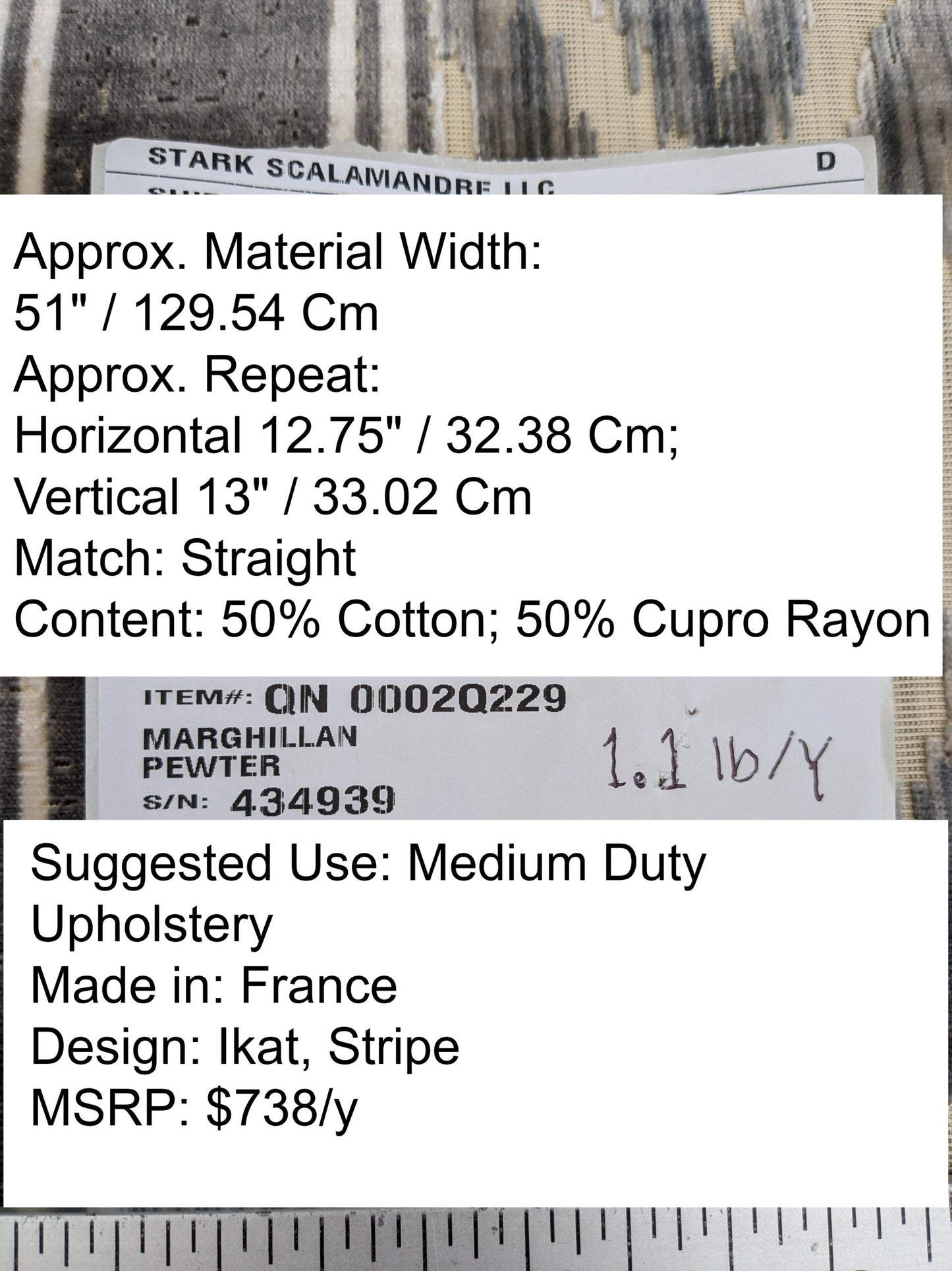 Scalamandre Marghillan Pewter Gray Off White Cotton Rayon Ikat Stripe Cut Velvet MSRP USD 738/y
