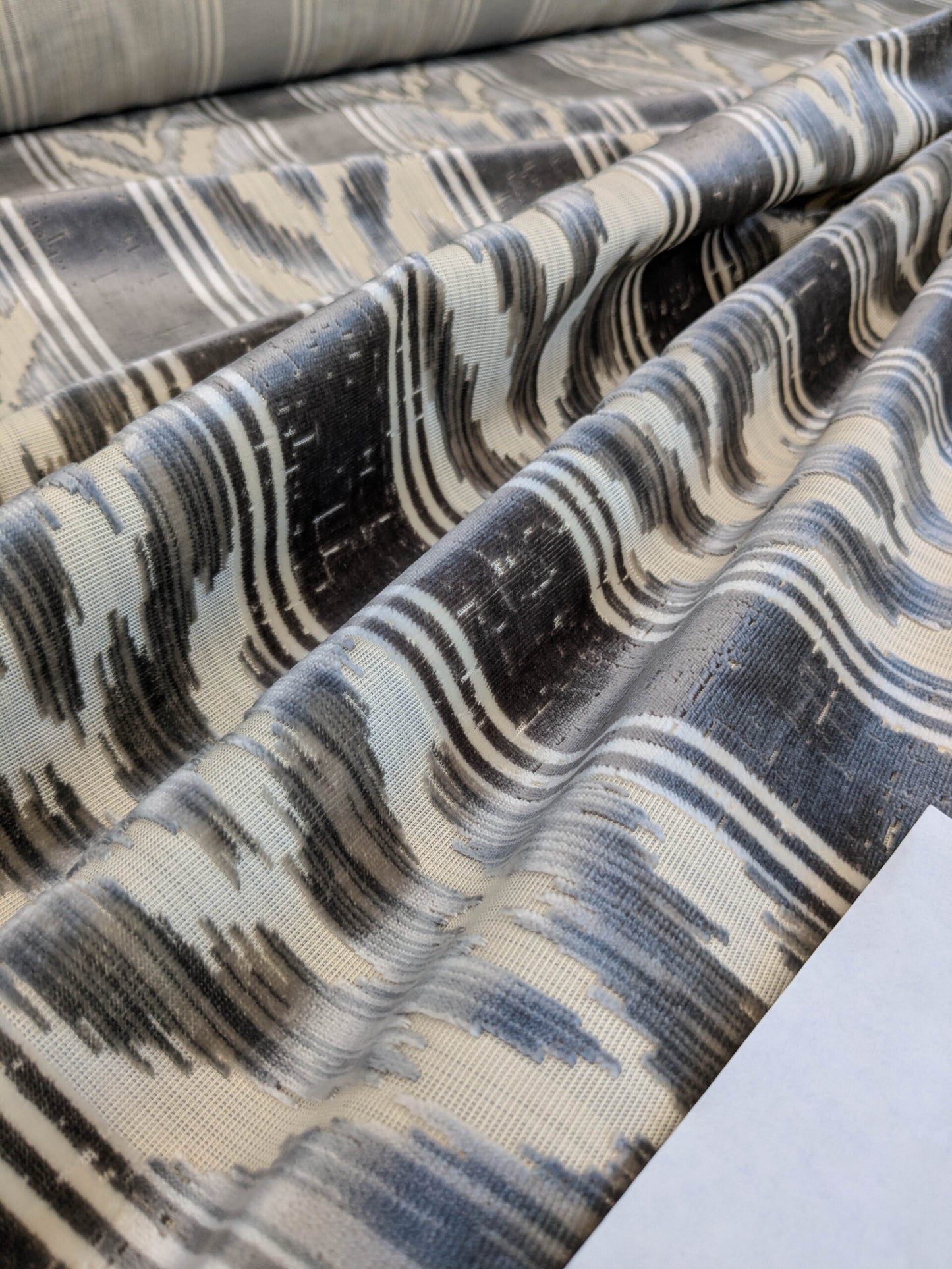 Scalamandre Marghillan Pewter Gray Off White Cotton Rayon Ikat Stripe Cut Velvet MSRP USD 738/y