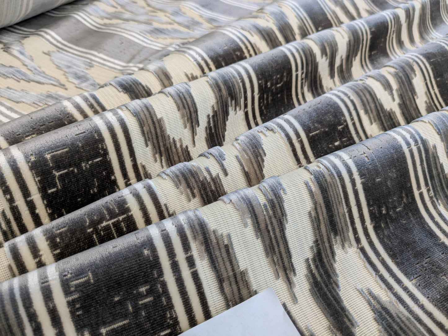 Scalamandre Marghillan Pewter Gray Off White Cotton Rayon Ikat Stripe Cut Velvet MSRP USD 738/y