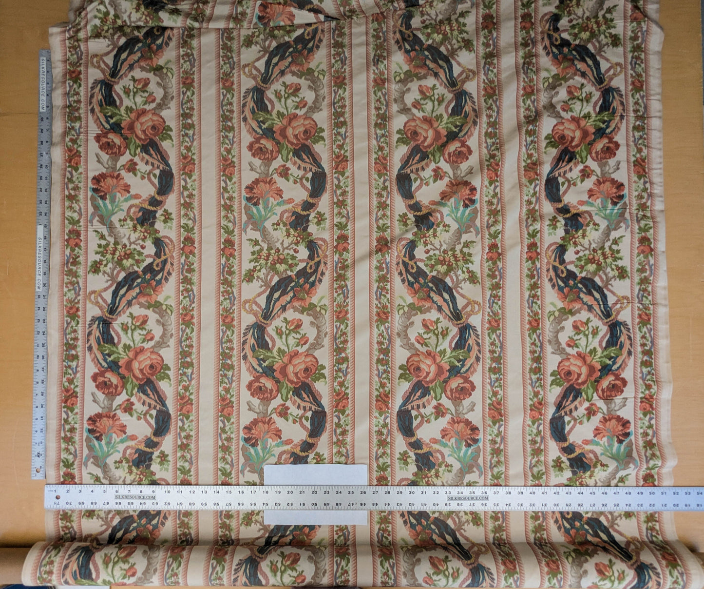 Scalamandre Tassinari & Chatel Stanislas Bordure Fond Creme Pink Blue Green Cream White Silk Floral Scroll Stripe MSRP USD 2968/y