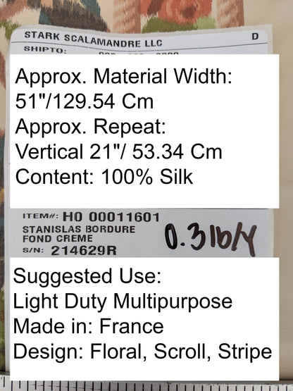 Scalamandre Tassinari & Chatel Stanislas Bordure Fond Creme Pink Blue Green Cream White Silk Floral Scroll Stripe MSRP USD 2968/y