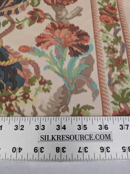 Scalamandre Tassinari & Chatel Stanislas Bordure Fond Creme Pink Blue Green Cream White Silk Floral Scroll Stripe MSRP USD 2968/y