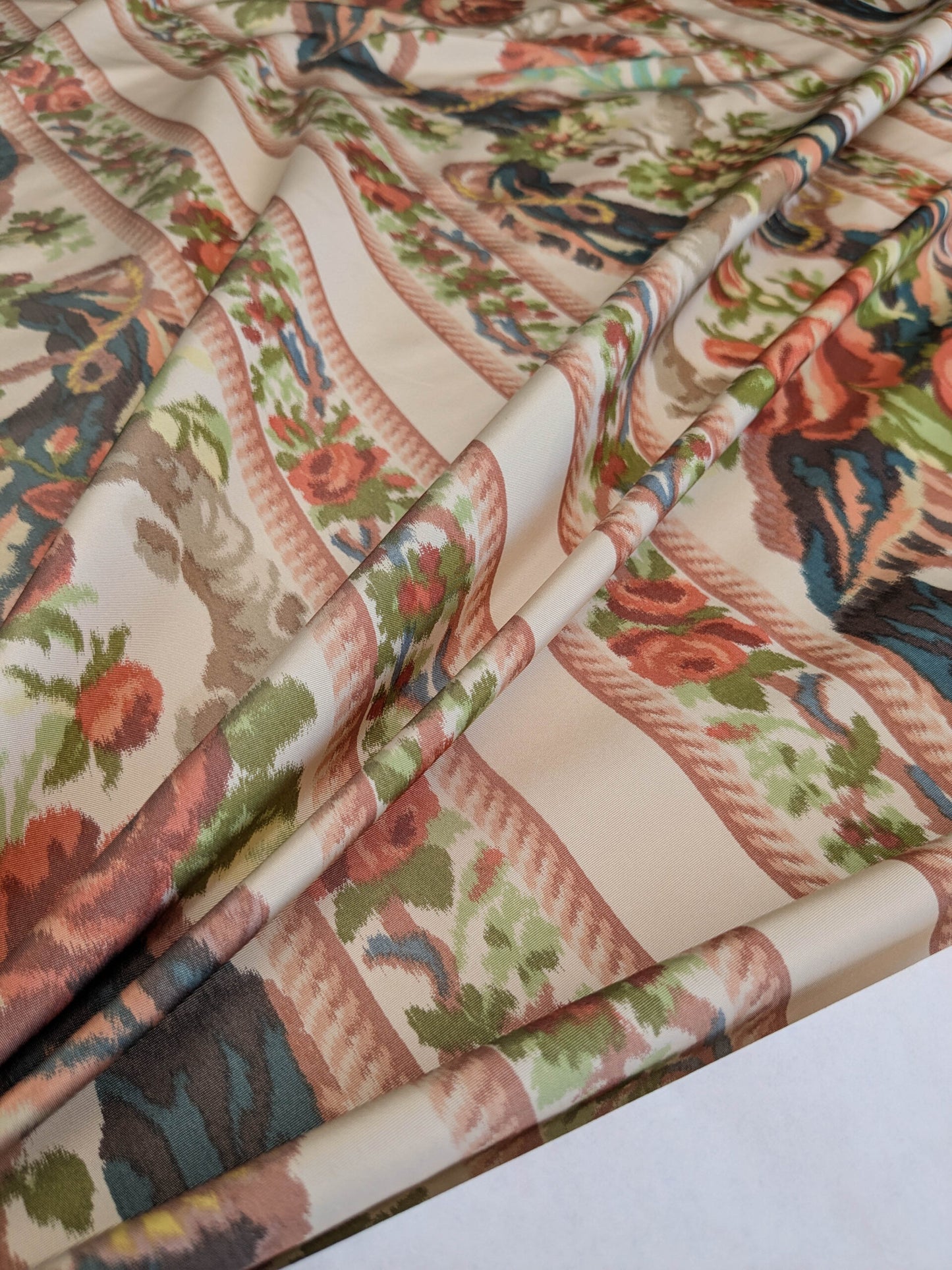 Scalamandre Tassinari & Chatel Stanislas Bordure Fond Creme Pink Blue Green Cream White Silk Floral Scroll Stripe MSRP USD 2968/y
