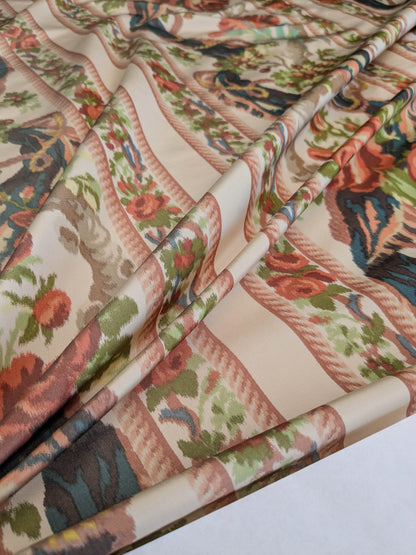 Scalamandre Tassinari & Chatel Stanislas Bordure Fond Creme Pink Blue Green Cream White Silk Floral Scroll Stripe MSRP USD 2968/y