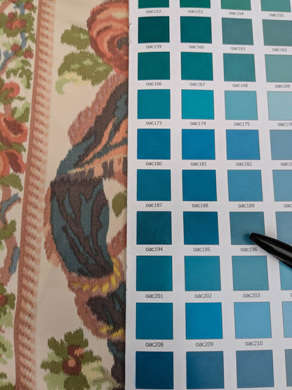 Scalamandre Tassinari & Chatel Stanislas Bordure Fond Creme Pink Blue Green Cream White Silk Floral Scroll Stripe MSRP USD 2968/y