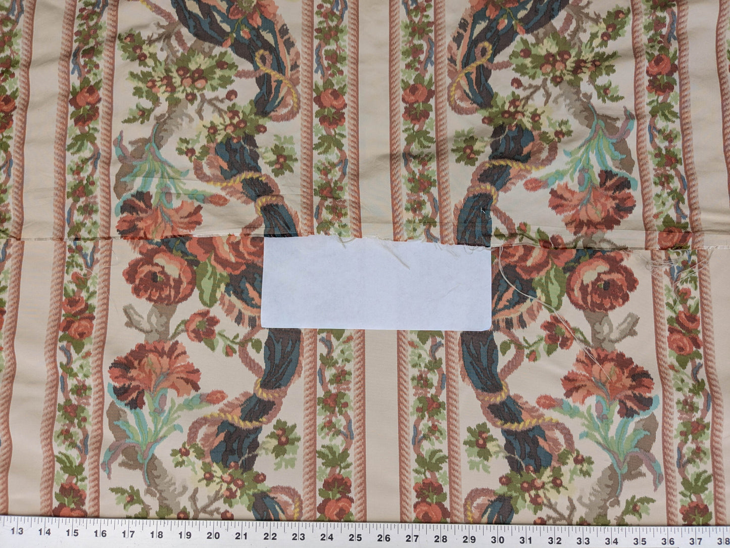 Scalamandre Tassinari & Chatel Stanislas Bordure Fond Creme Pink Blue Green Cream White Silk Floral Scroll Stripe MSRP USD 2968/y