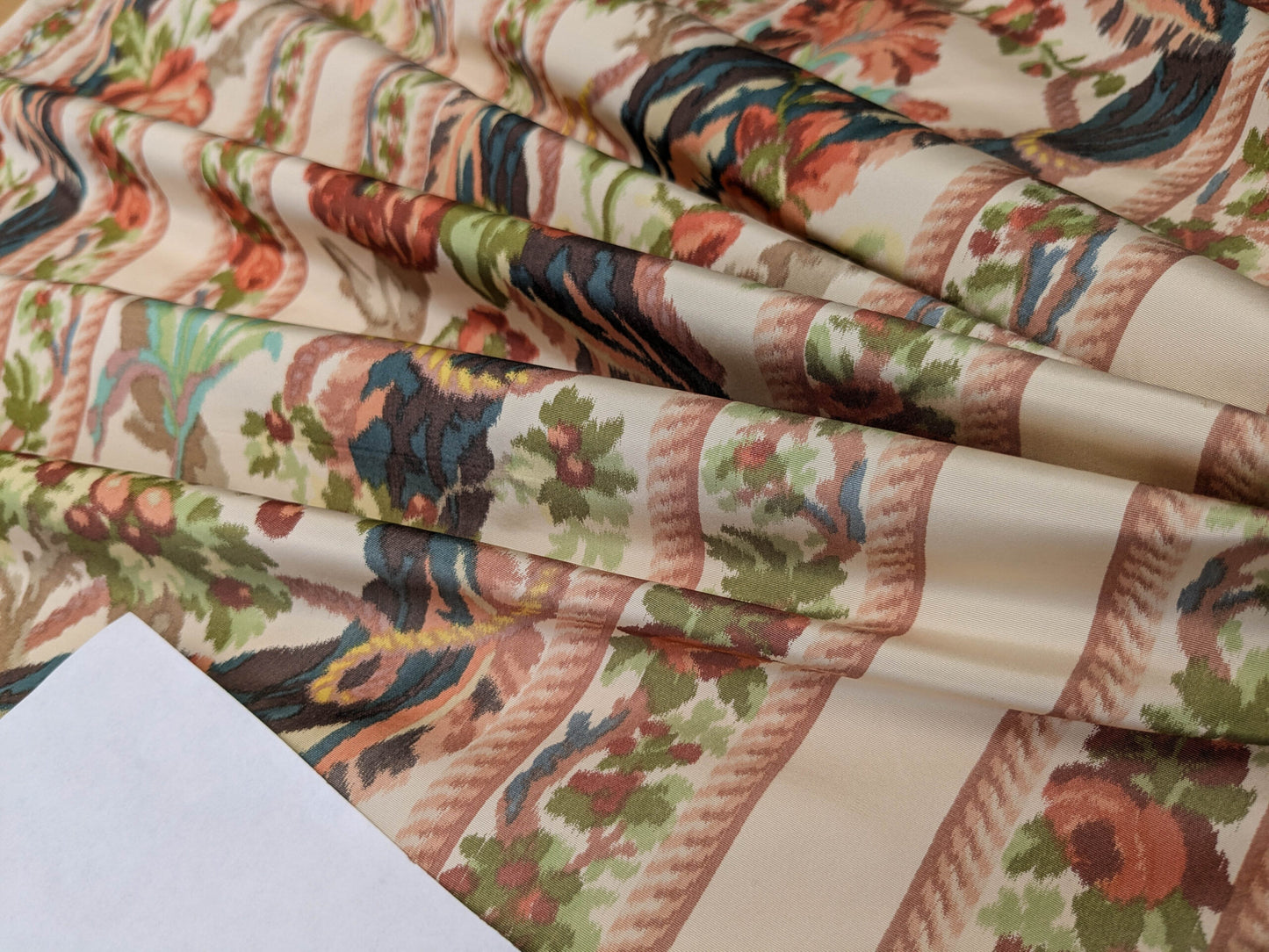 Scalamandre Tassinari & Chatel Stanislas Bordure Fond Creme Pink Blue Green Cream White Silk Floral Scroll Stripe MSRP USD 2968/y