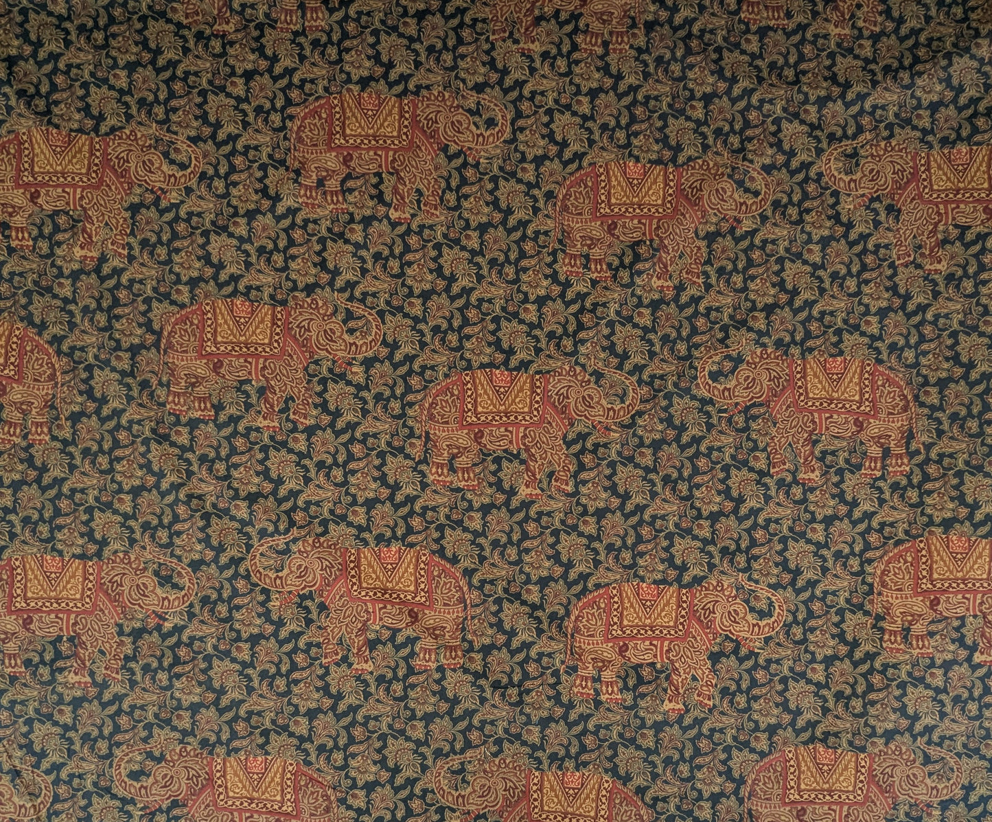 Scalamandre Grey Watkins Elephanta With Border Indian Midnight Green Brown Deep Blue Cotton Elephant Animals MSRP USD 276/y