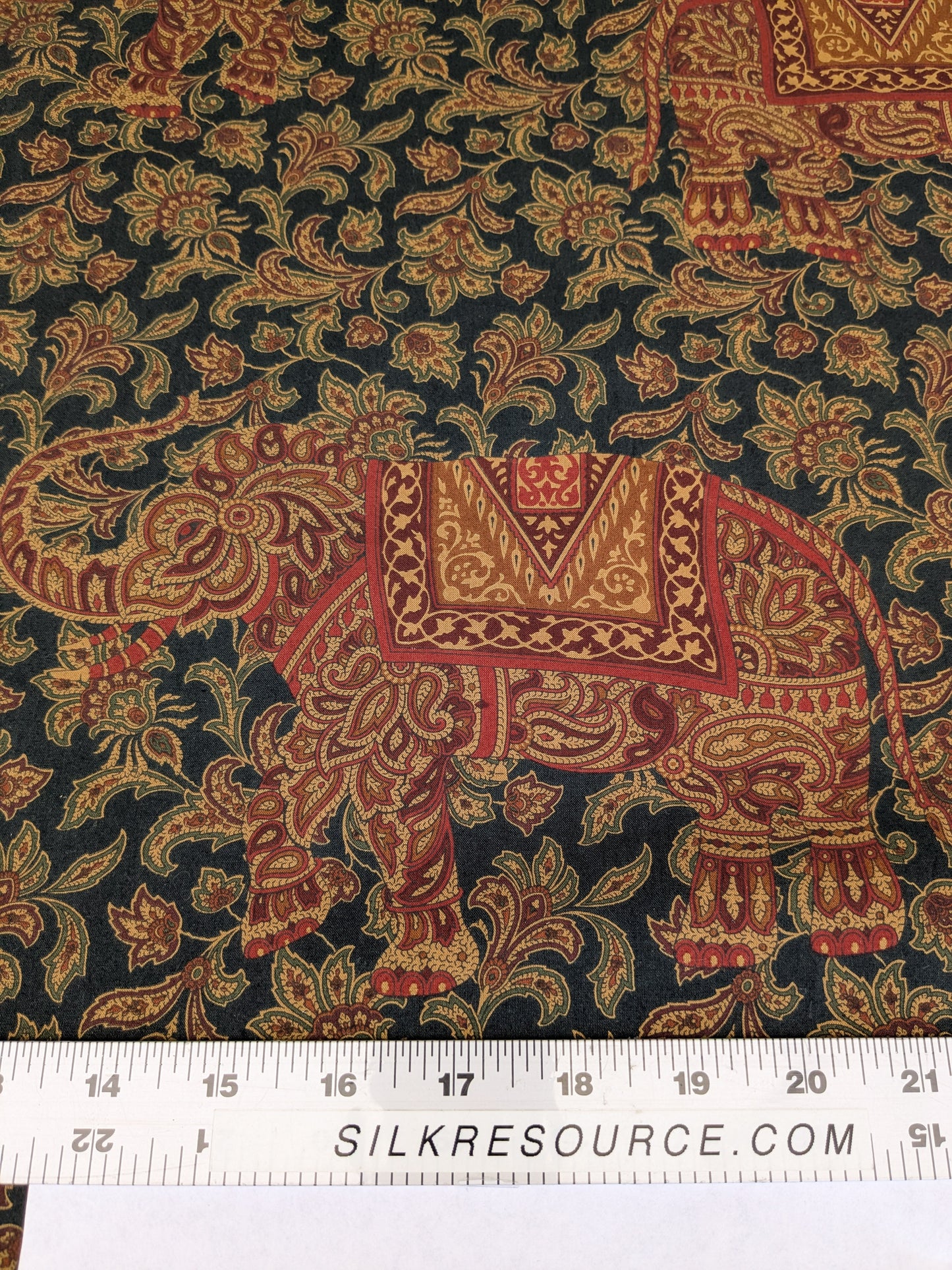 Scalamandre Grey Watkins Elephanta With Border Indian Midnight Green Brown Deep Blue Cotton Elephant Animals MSRP USD 276/y