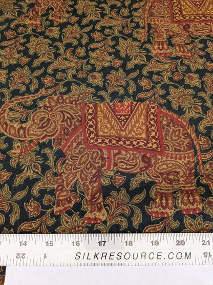 Scalamandre Grey Watkins Elephanta With Border Indian Midnight Green Brown Deep Blue Cotton Elephant Animals MSRP USD 276/y