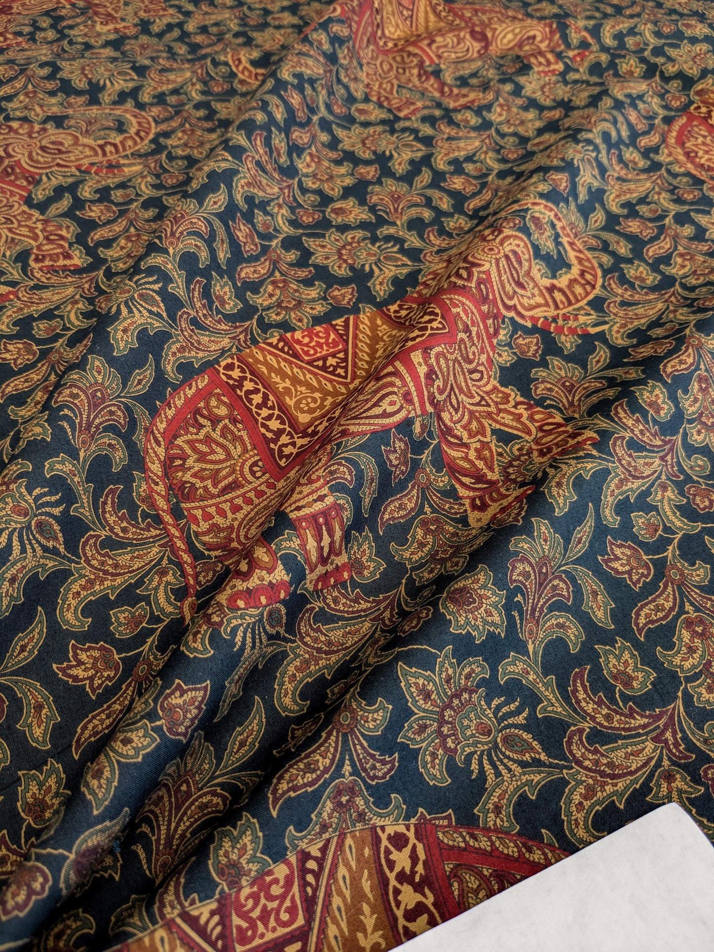 Scalamandre Grey Watkins Elephanta With Border Indian Midnight Green Brown Deep Blue Cotton Elephant Animals MSRP USD 276/y