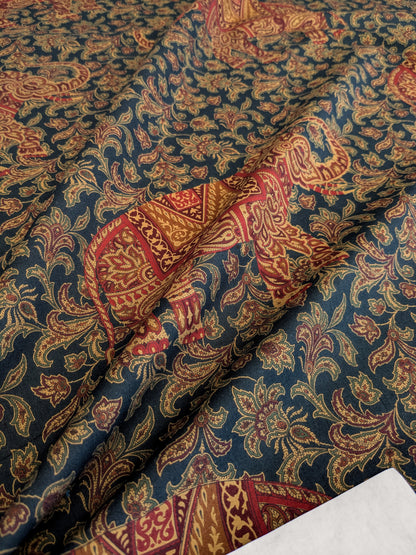 Scalamandre Grey Watkins Elephanta With Border Indian Midnight Green Brown Deep Blue Cotton Elephant Animals MSRP USD 276/y
