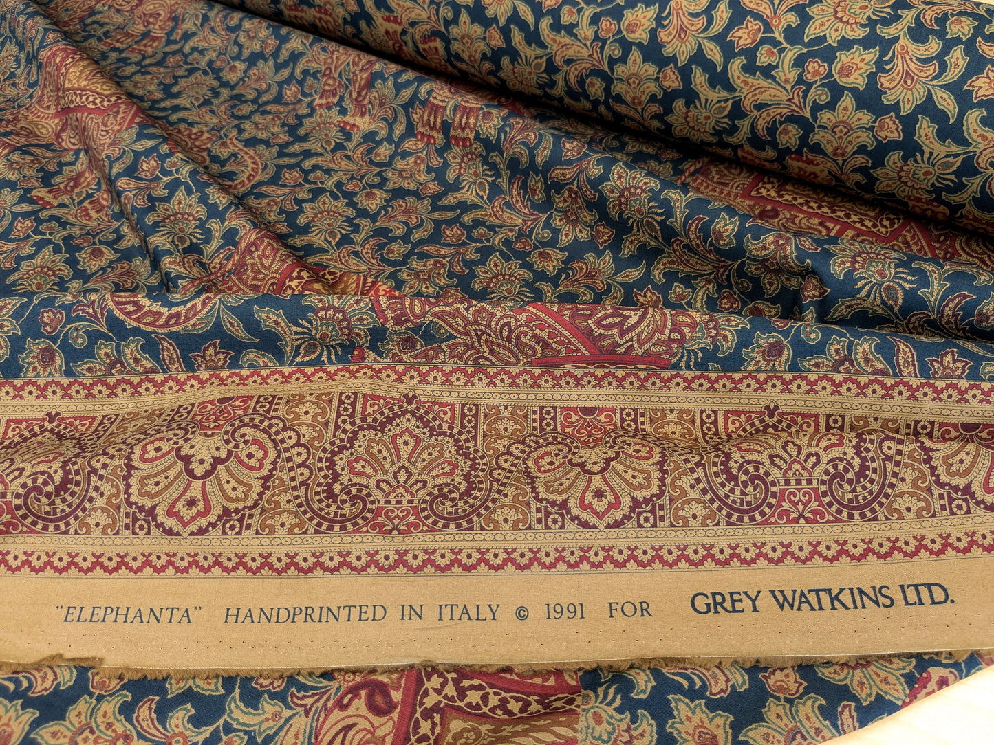 Scalamandre Grey Watkins Elephanta With Border Indian Midnight Green Brown Deep Blue Cotton Elephant Animals MSRP USD 276/y