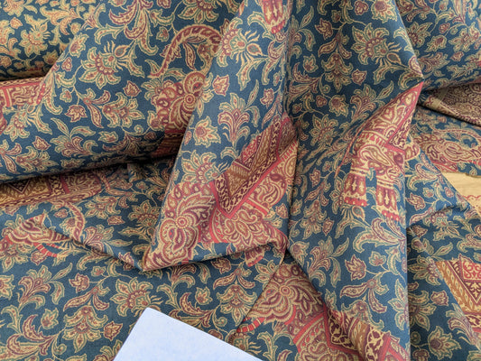 Scalamandre Grey Watkins Elephanta With Border Indian Midnight Green Brown Deep Blue Cotton Elephant Animals MSRP USD 276/y