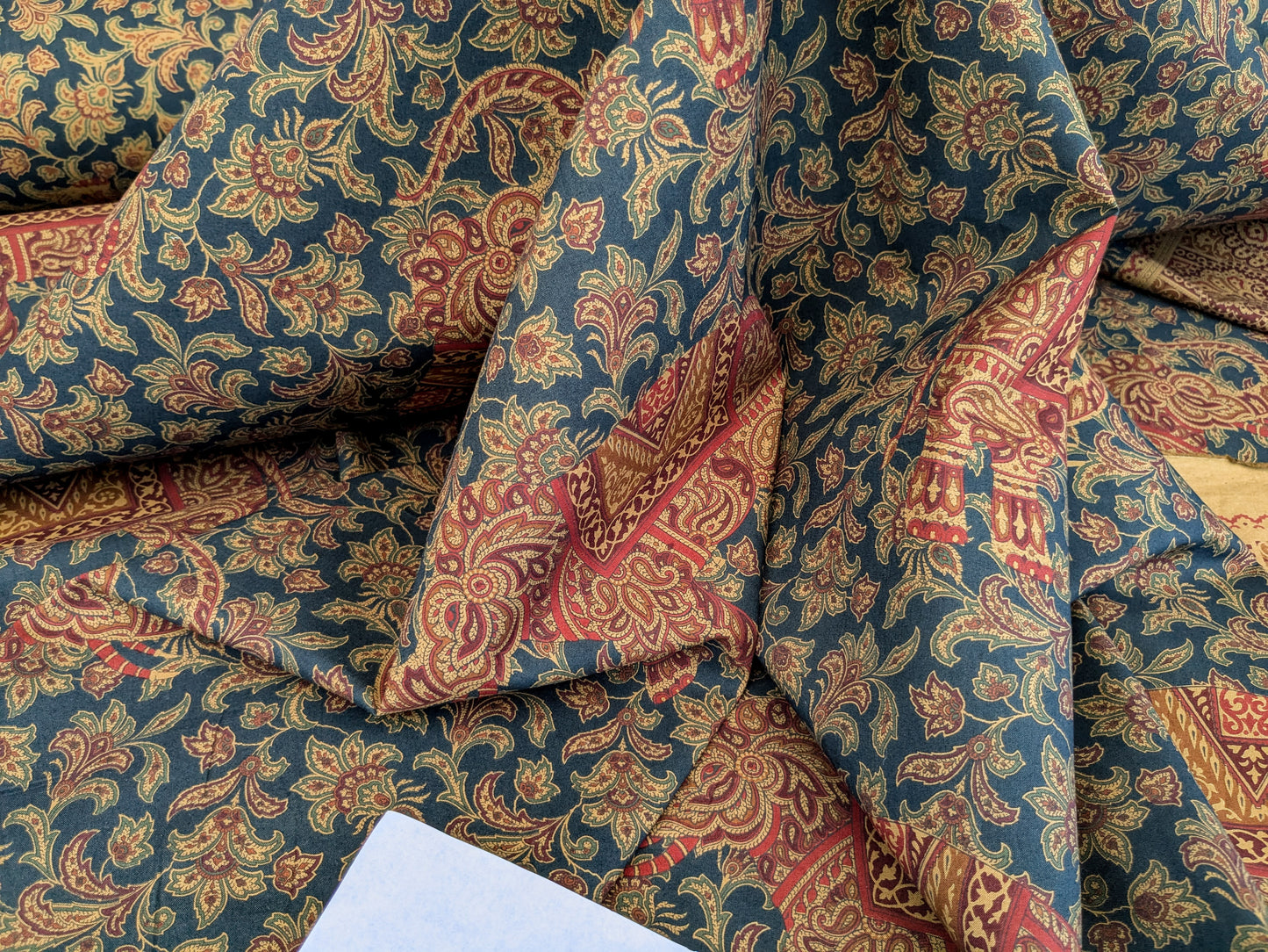 Scalamandre Grey Watkins Elephanta With Border Indian Midnight Green Brown Deep Blue Cotton Elephant Animals MSRP USD 276/y