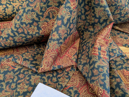 Scalamandre Grey Watkins Elephanta With Border Indian Midnight Green Brown Deep Blue Cotton Elephant Animals MSRP USD 276/y