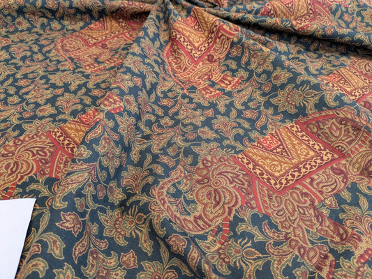 Scalamandre Grey Watkins Elephanta With Border Indian Midnight Green Brown Deep Blue Cotton Elephant Animals MSRP USD 276/y