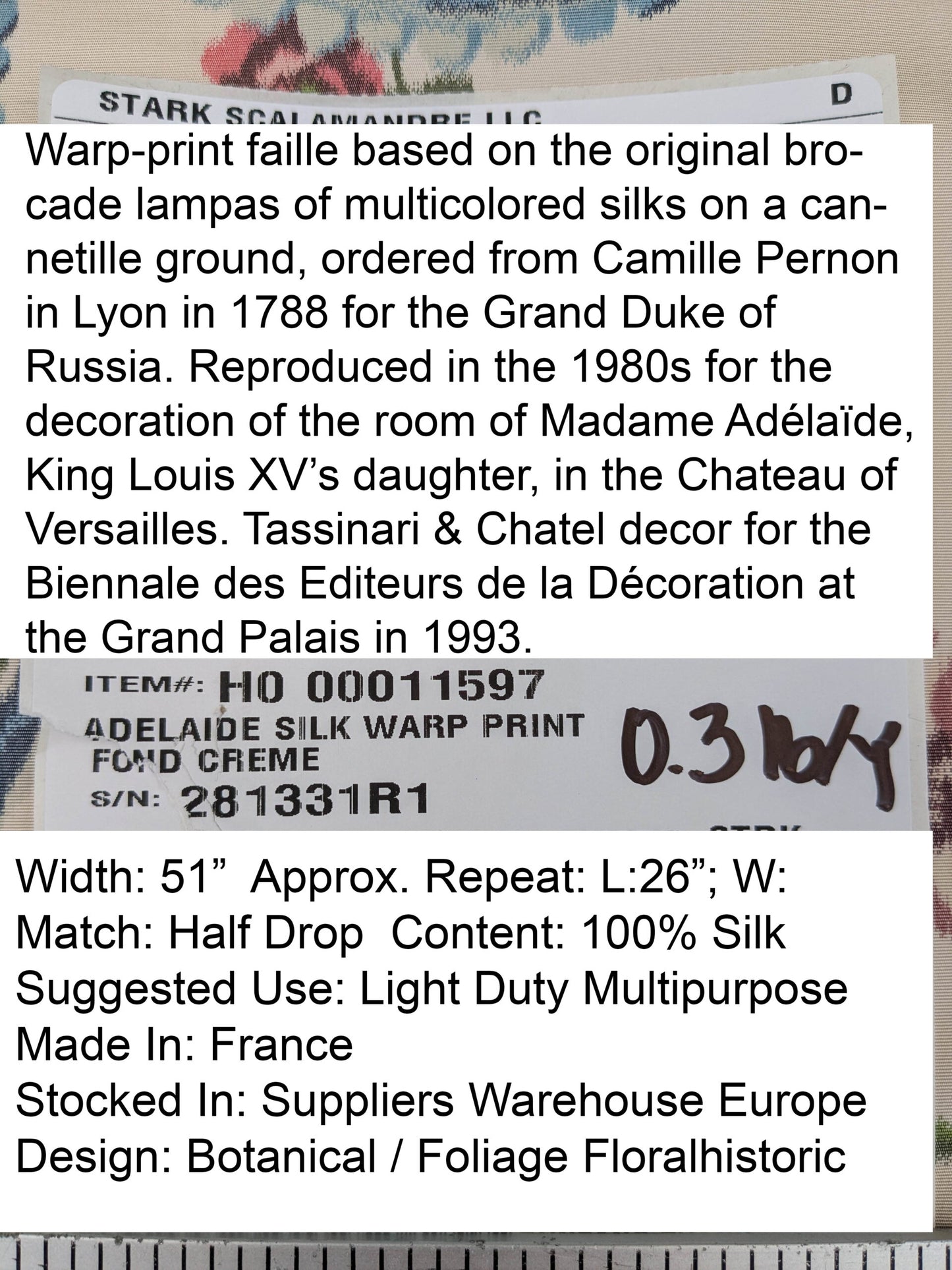 Scalamandre Tassinari &amp; Chatel  Adelaide Silk Warp Print Font Creme Beige Cream Blue Pink Floral Diamond Chateau of Versailles MSRP USD 2800+y