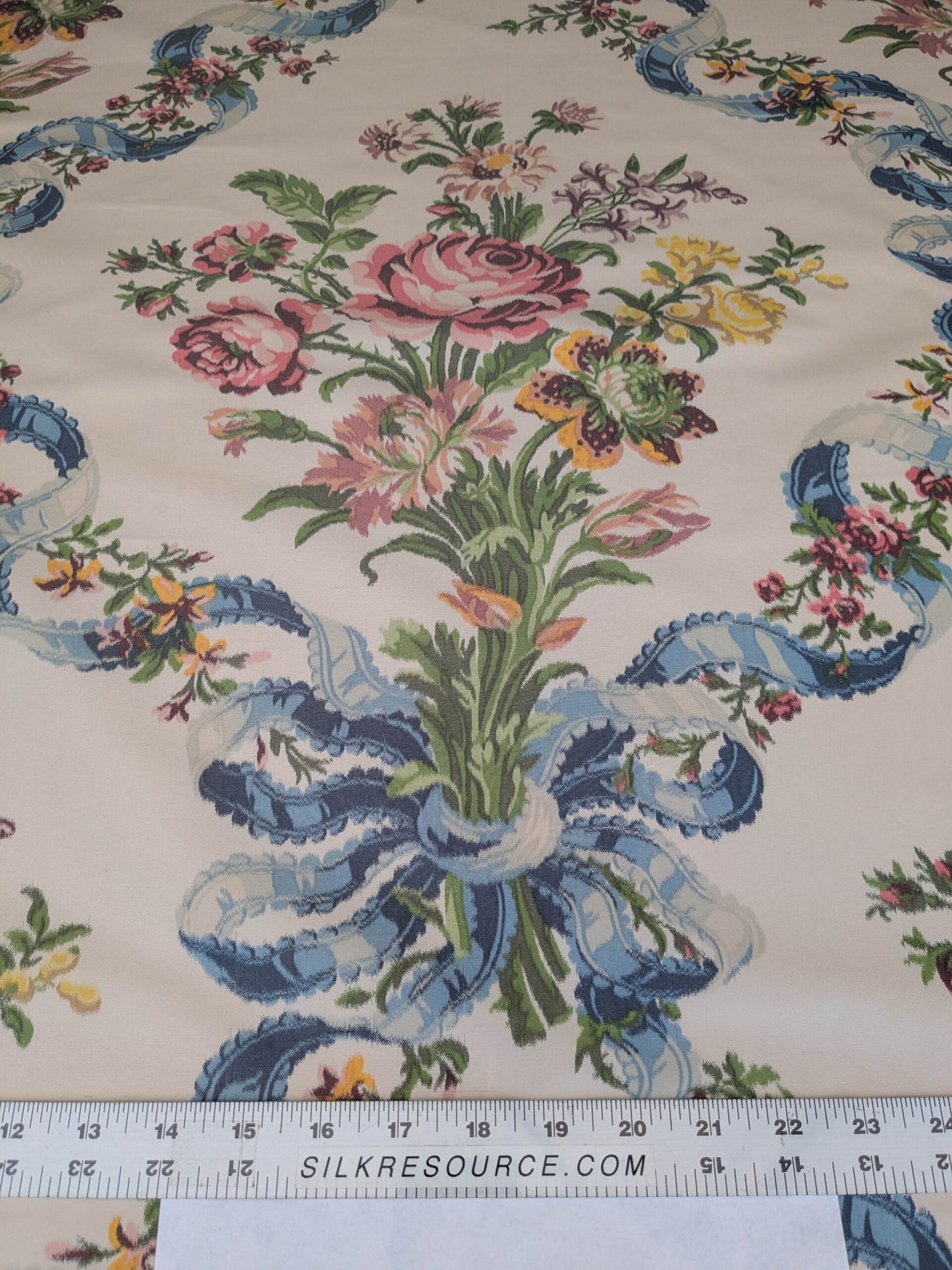 Scalamandre Tassinari &amp; Chatel  Adelaide Silk Warp Print Font Creme Beige Cream Blue Pink Floral Diamond Chateau of Versailles MSRP USD 2800+y