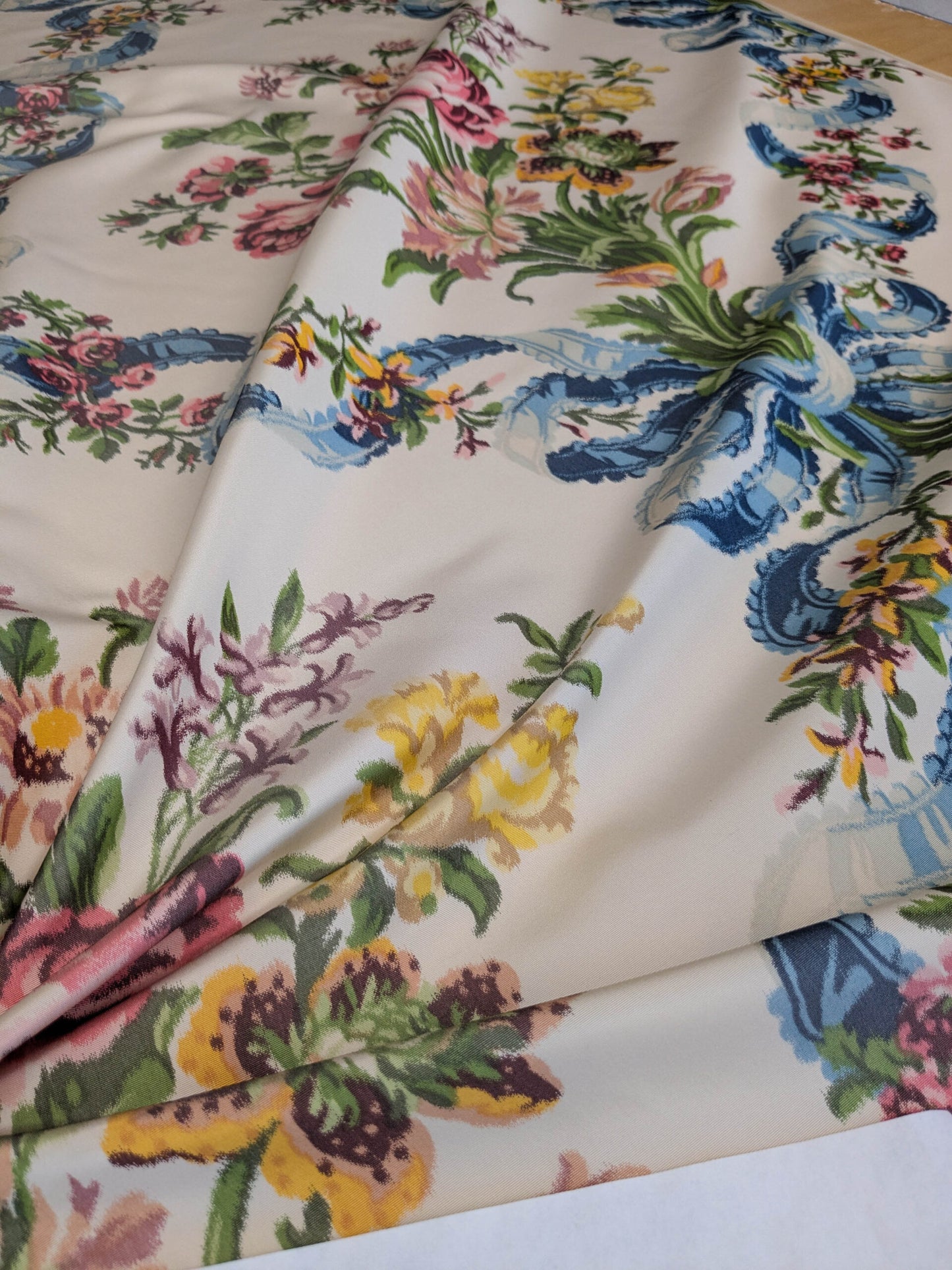 Scalamandre Tassinari &amp; Chatel  Adelaide Silk Warp Print Font Creme Beige Cream Blue Pink Floral Diamond Chateau of Versailles MSRP USD 2800+y