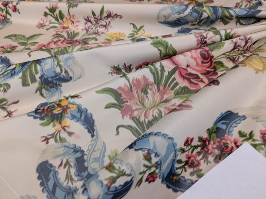 Scalamandre Tassinari &amp; Chatel  Adelaide Silk Warp Print Font Creme Beige Cream Blue Pink Floral Diamond Chateau of Versailles MSRP USD 2800+y
