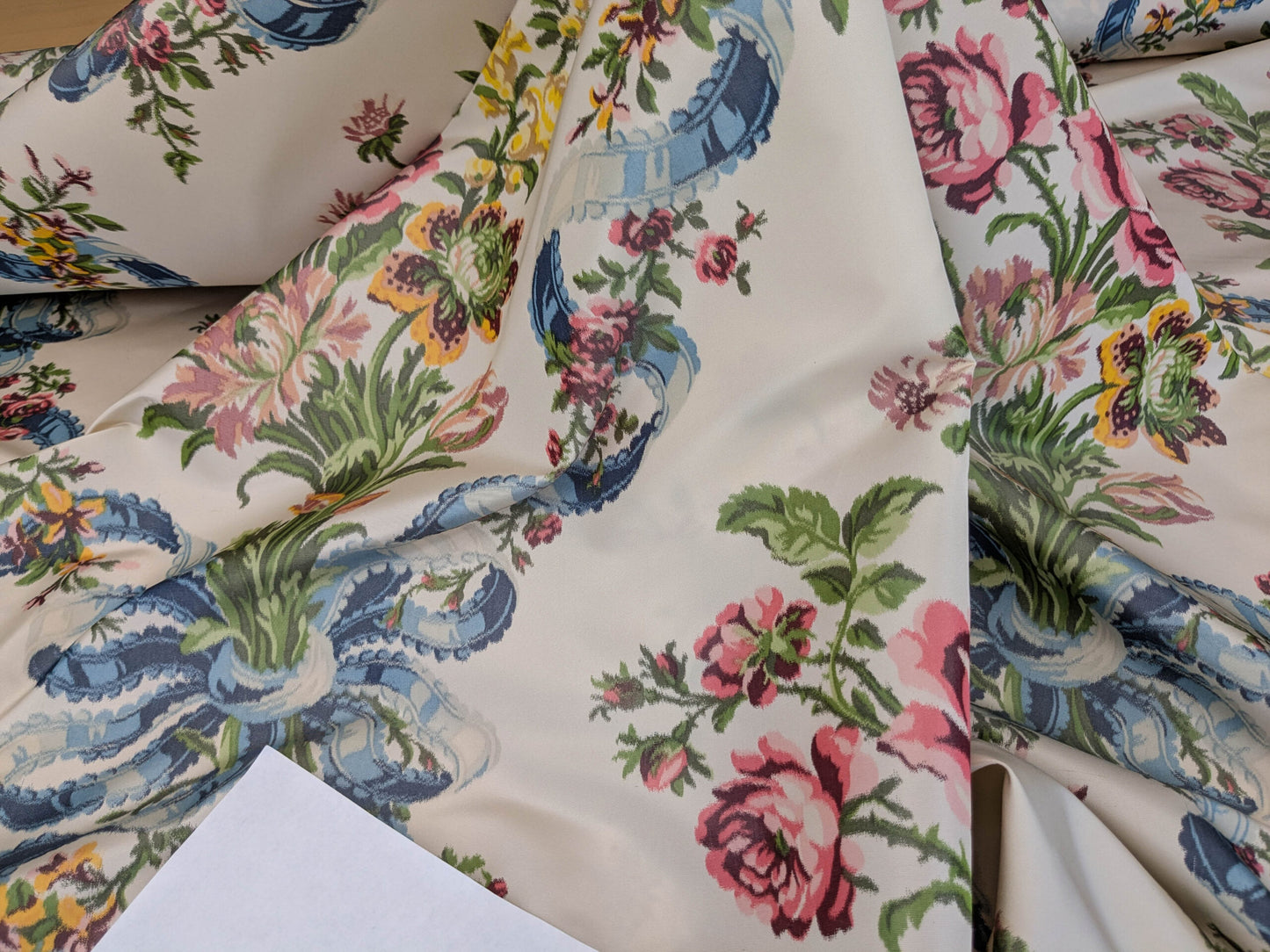 Scalamandre Tassinari &amp; Chatel  Adelaide Silk Warp Print Font Creme Beige Cream Blue Pink Floral Diamond Chateau of Versailles MSRP USD 2800+y