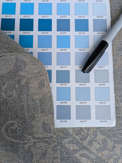 Scalamandre Amelia in "Smoke" Pale Blue Natural Beige Renaissance Damask Jacquard Linen Acanthus Artichoke Feather MSRP USD 176/y