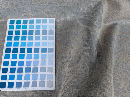 Scalamandre Amelia in "Smoke" Pale Blue Natural Beige Renaissance Damask Jacquard Linen Acanthus Artichoke Feather MSRP USD 176/y