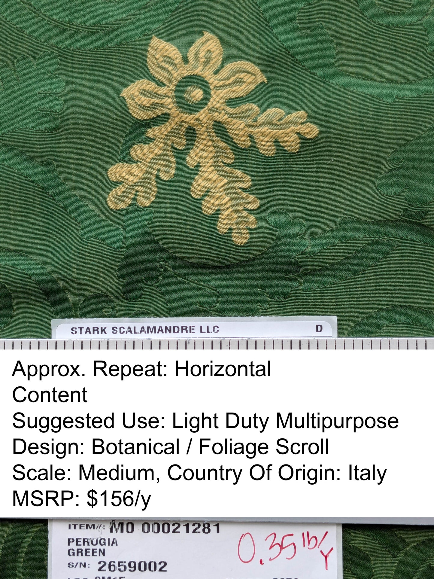 By yard Scalamandre Perugia Green Emerald Gold Damask Neoclassic Scroll Classic Medallion MSRP USD 156/y