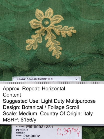 By yard Scalamandre Perugia Green Emerald Gold Damask Neoclassic Scroll Classic Medallion MSRP USD 156/y