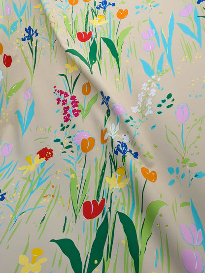 By yard Scalamandre Guermantes Sand Beige Modern Tulip Daffodil Blossom Wild Flower Cotton Satin Fine Art Print Heavy Duty