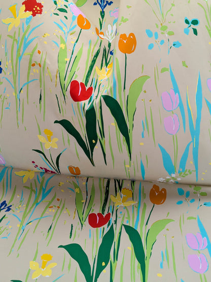 By yard Scalamandre Guermantes Sand Beige Modern Tulip Daffodil Blossom Wild Flower Cotton Satin Fine Art Print Heavy Duty