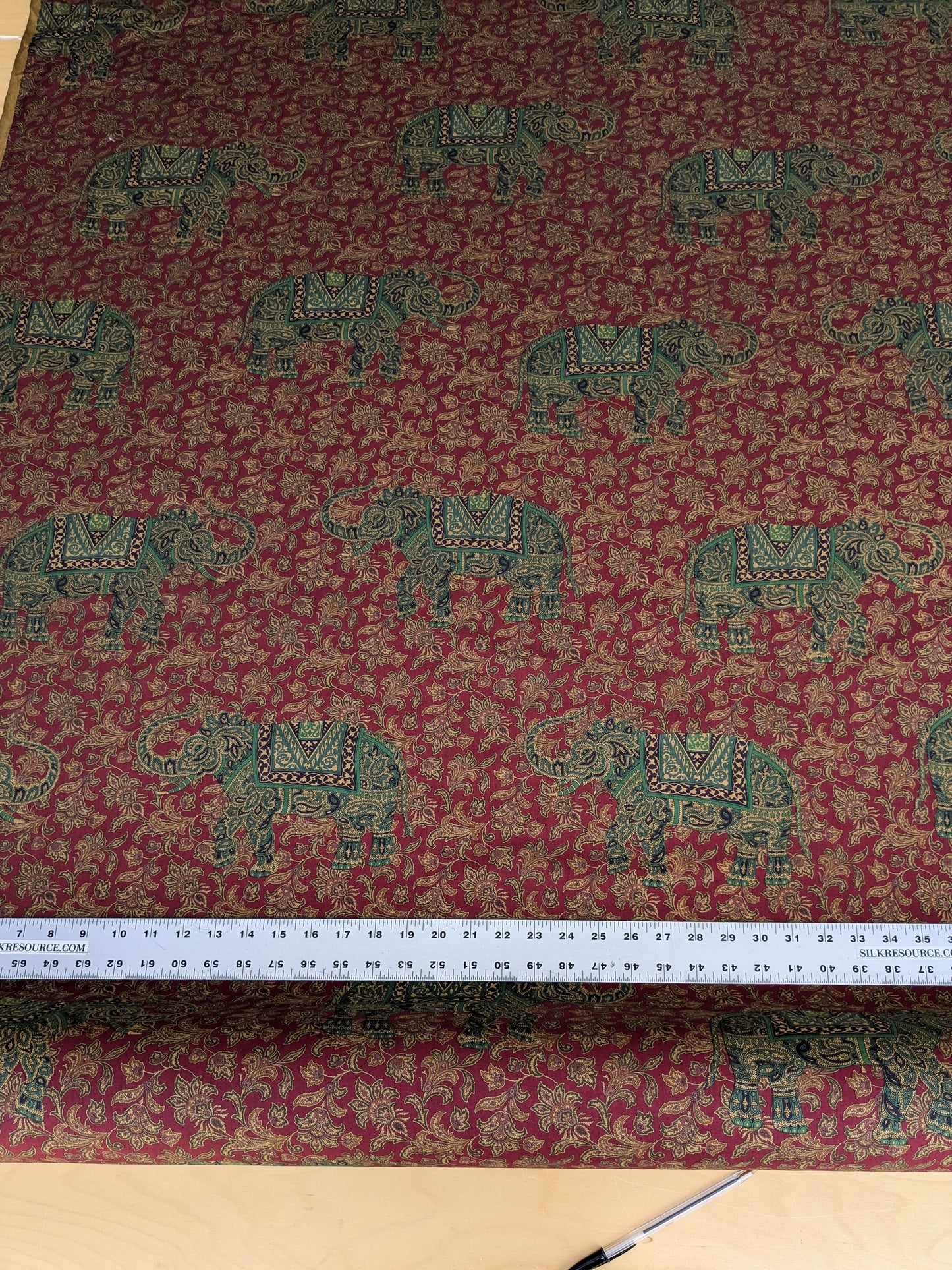Scalamandre Elephanta With Border Garnet Red Brown Green Cotton Print Elephant Animals MSRP USD 276/y