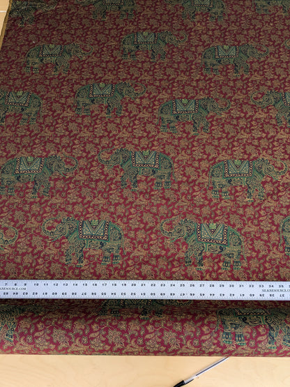 Scalamandre Elephanta With Border Garnet Red Brown Green Cotton Print Elephant Animals MSRP USD 276/y