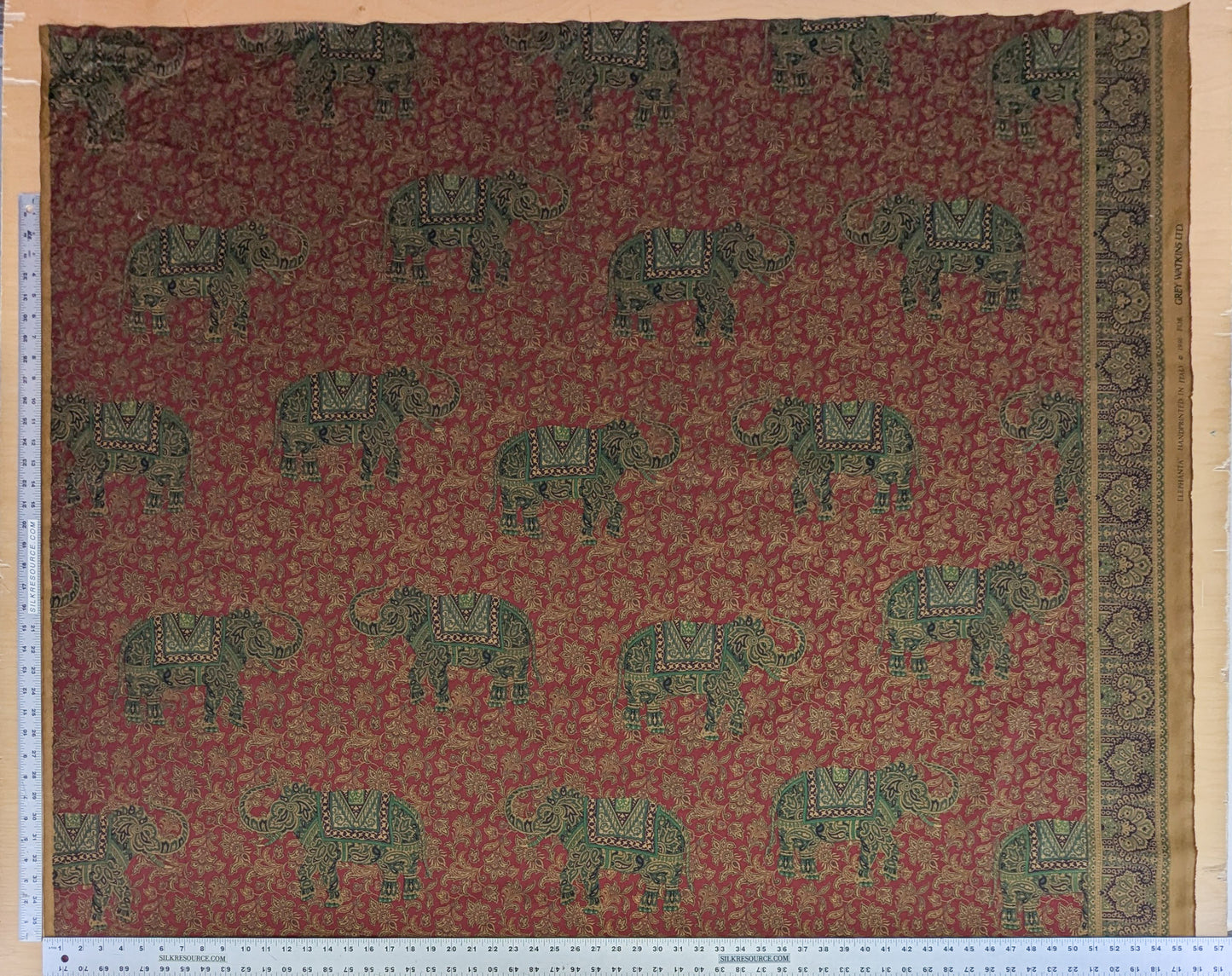 Scalamandre Elephanta With Border Garnet Red Brown Green Cotton Print Elephant Animals MSRP USD 276/y