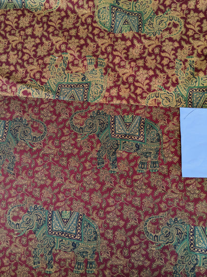 Scalamandre Elephanta With Border Garnet Red Brown Green Cotton Print Elephant Animals MSRP USD 276/y