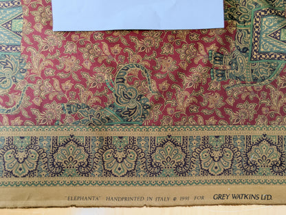 Scalamandre Elephanta With Border Garnet Red Brown Green Cotton Print Elephant Animals MSRP USD 276/y