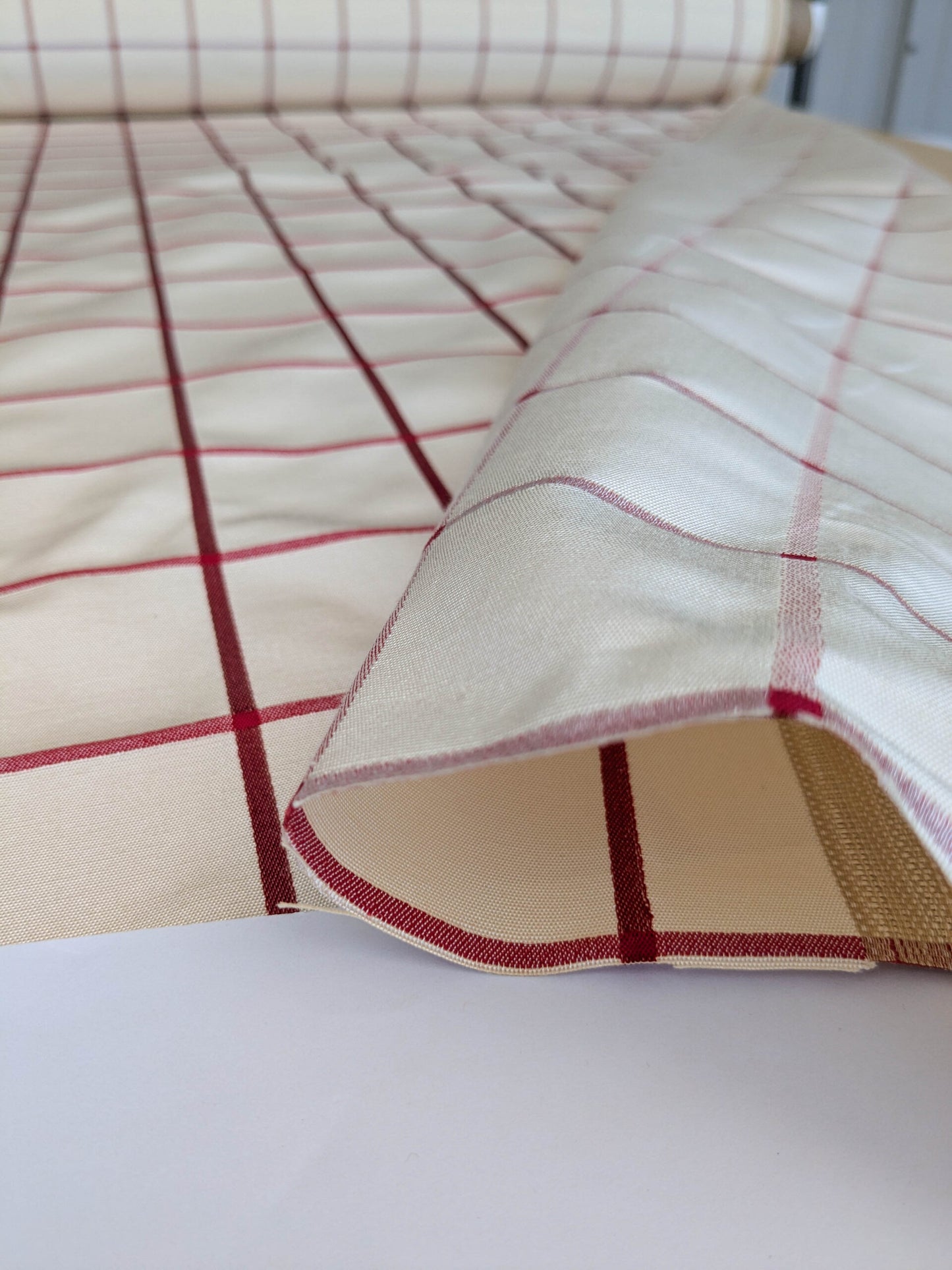 Scalamandre Louis Check Red on Creme Cream Beige Cotton Viscose Cotton Windowpane Plaid Check MSRP USD 176/y