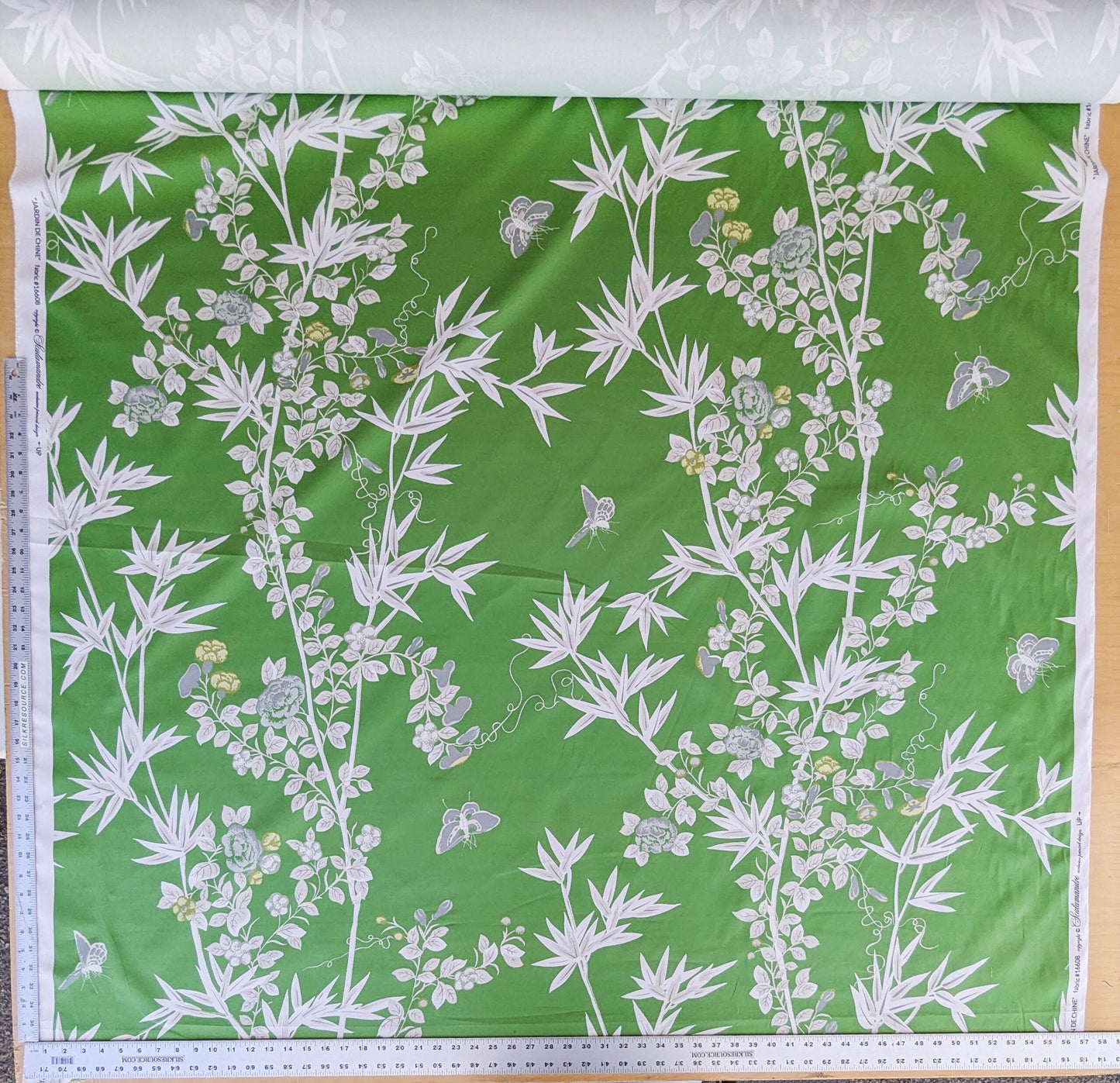 Scalamandre Jardin de Chine Print Jade Green White Cotton Bird Animal Botanical Foliage Chinoiserie Floral Bamboo Butterfly MSRP USD 388/y