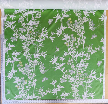 Scalamandre Jardin de Chine Print Jade Green White Cotton Bird Animal Botanical Foliage Chinoiserie Floral Bamboo Butterfly MSRP USD 388/y
