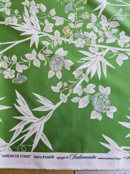 Scalamandre Jardin de Chine Print Jade Green White Cotton Bird Animal Botanical Foliage Chinoiserie Floral Bamboo Butterfly MSRP USD 388/y