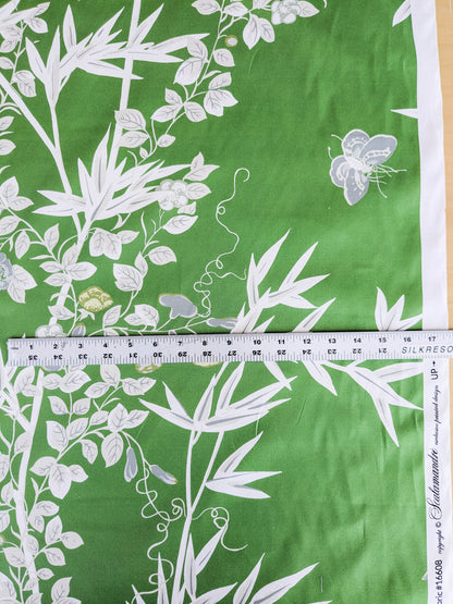 Scalamandre Jardin de Chine Print Jade Green White Cotton Bird Animal Botanical Foliage Chinoiserie Floral Bamboo Butterfly MSRP USD 388/y