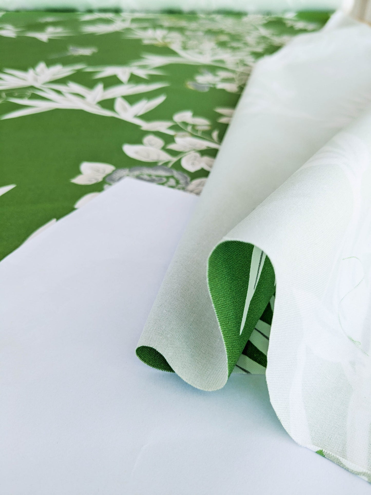 Scalamandre Jardin de Chine Print Jade Green White Cotton Bird Animal Botanical Foliage Chinoiserie Floral Bamboo Butterfly MSRP USD 388/y