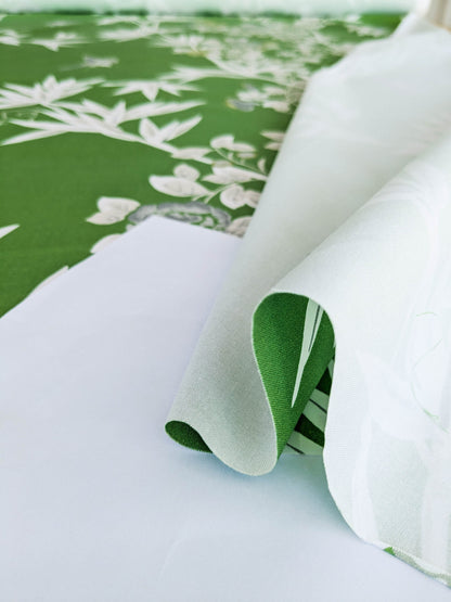 Scalamandre Jardin de Chine Print Jade Green White Cotton Bird Animal Botanical Foliage Chinoiserie Floral Bamboo Butterfly MSRP USD 388/y