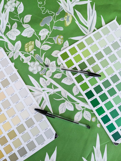 Scalamandre Jardin de Chine Print Jade Green White Cotton Bird Animal Botanical Foliage Chinoiserie Floral Bamboo Butterfly MSRP USD 388/y