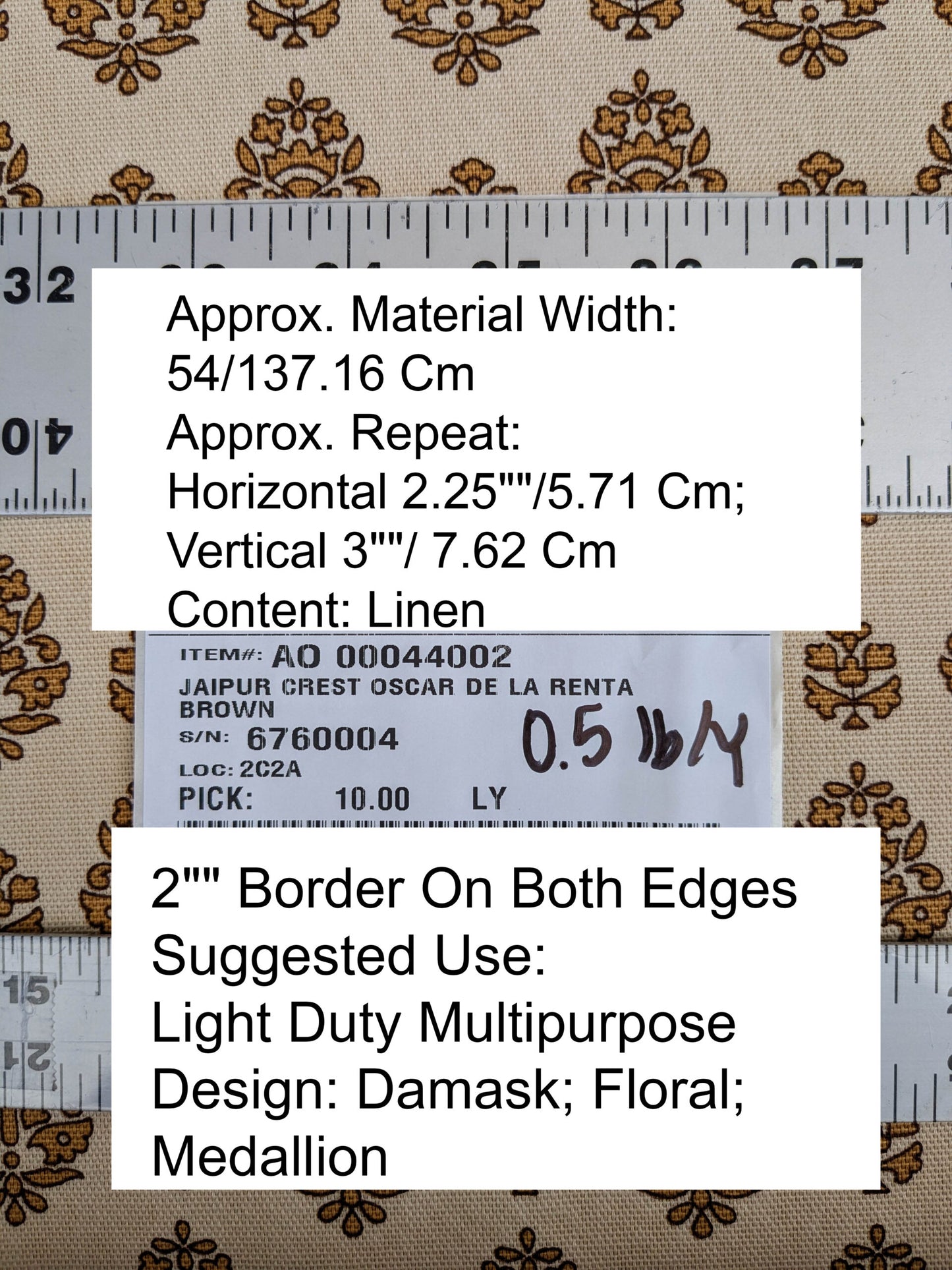 Scalamandre Oscar De La Renta Jaipur Crest Brown Earthy Gold Indian Linen Print with Border