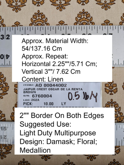 Scalamandre Oscar De La Renta Jaipur Crest Brown Earthy Gold Indian Linen Print with Border