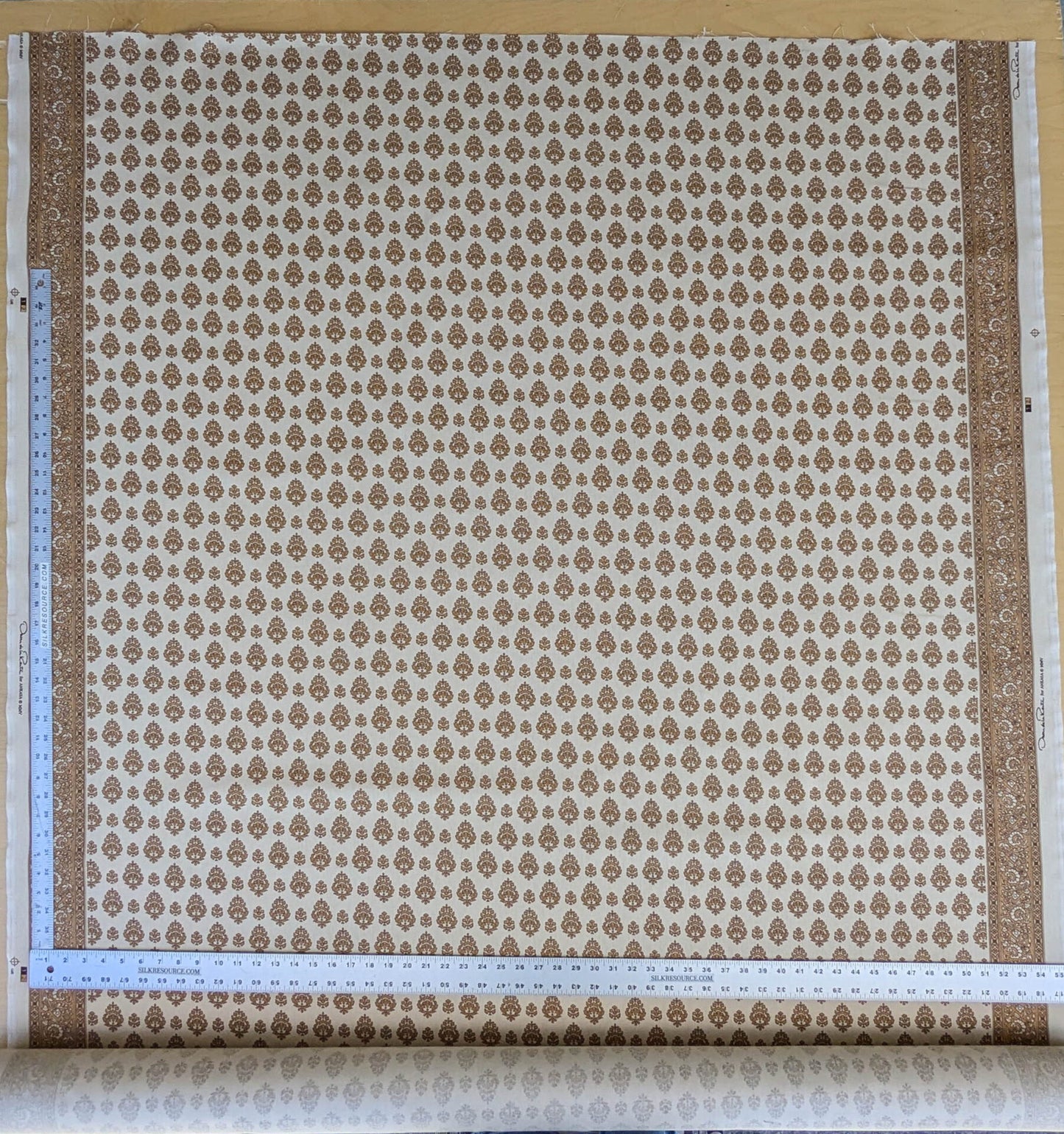 Scalamandre Oscar De La Renta Jaipur Crest Brown Earthy Gold Indian Linen Print with Border