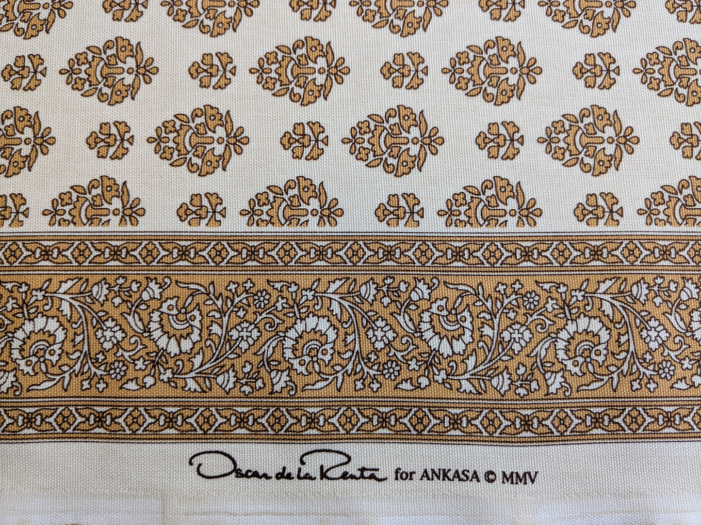 Scalamandre Oscar De La Renta Jaipur Crest Brown Earthy Gold Indian Linen Print with Border